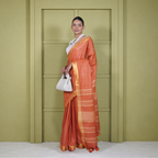 Rust Cotton Linen Pre Stitched Saree For Women