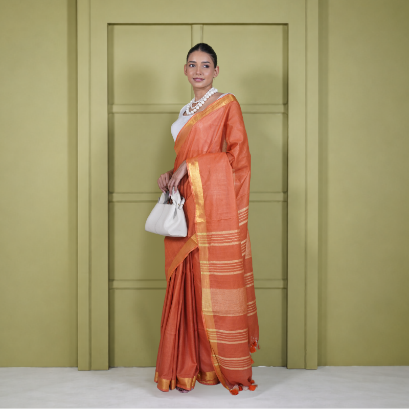 Rust Cotton Linen Pre Stitched Saree For Women