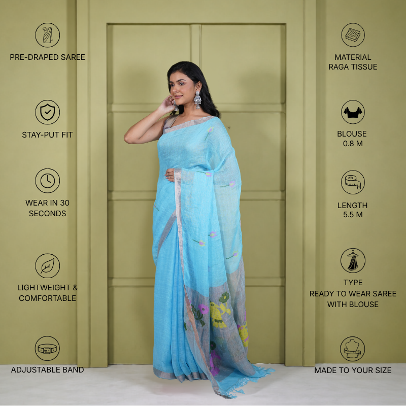 Blue Linen Silk Jamdani Pre Stitched Saree For Women