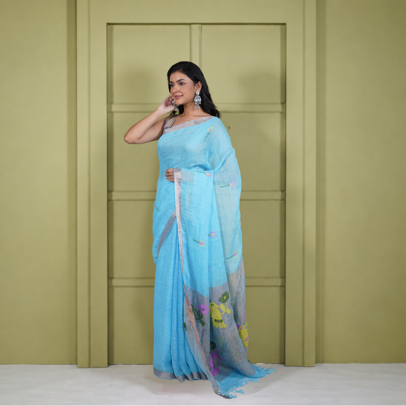 Blue Linen Silk Jamdani Pre Stitched Saree For Women
