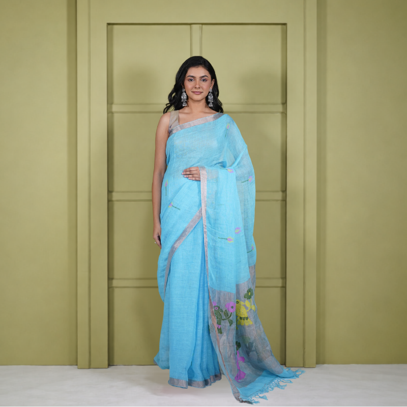 Blue Linen Silk Jamdani Pre Stitched Saree For Women