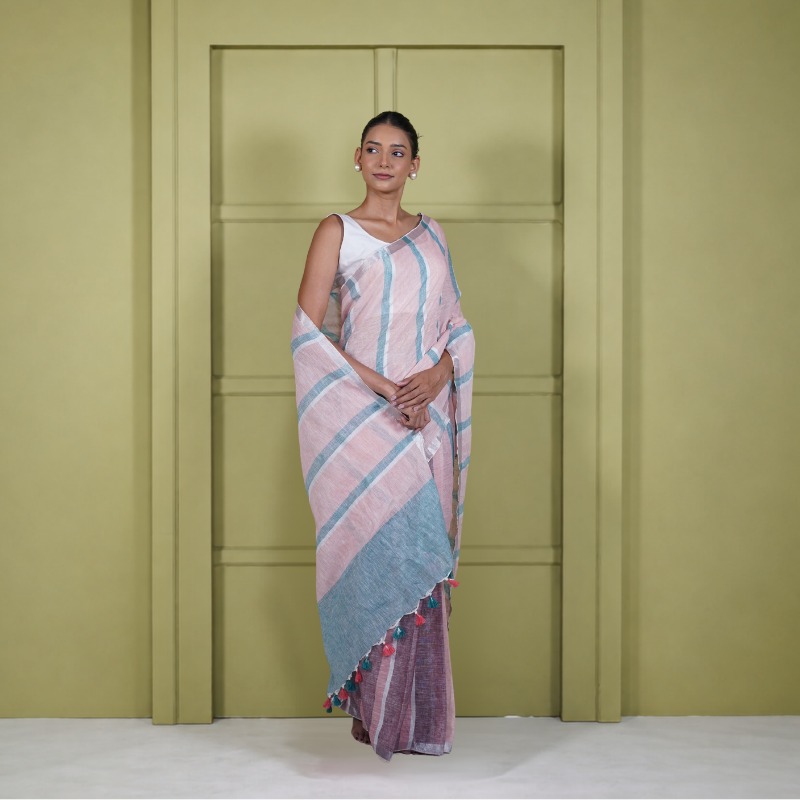 Mauve And Blue Pure Linen Pre Stitched Saree For Women