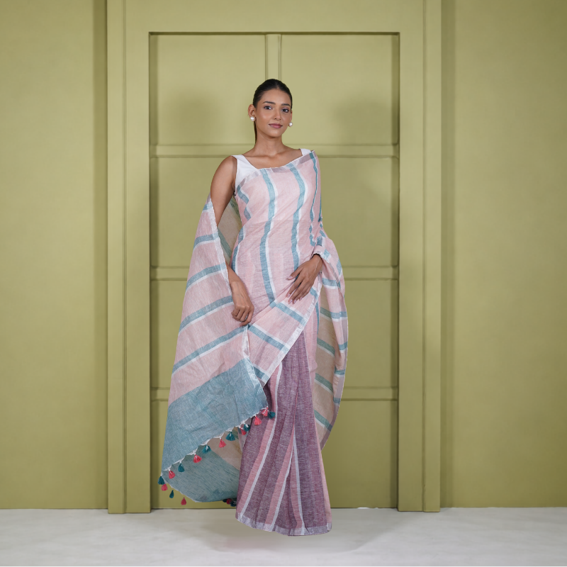 Mauve And Blue Pure Linen Pre Stitched Saree For Women