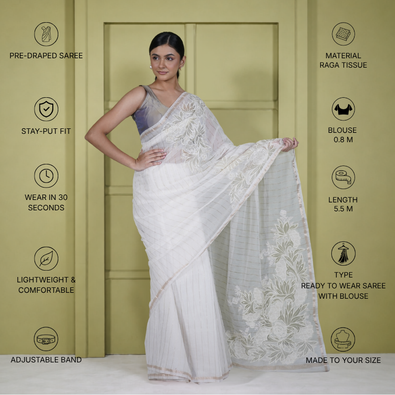 White Cotton Linen Saree with Zari Applique Work