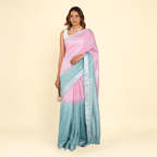 Pink And Teal Linen Cotton Pre Stitched Saree For Women