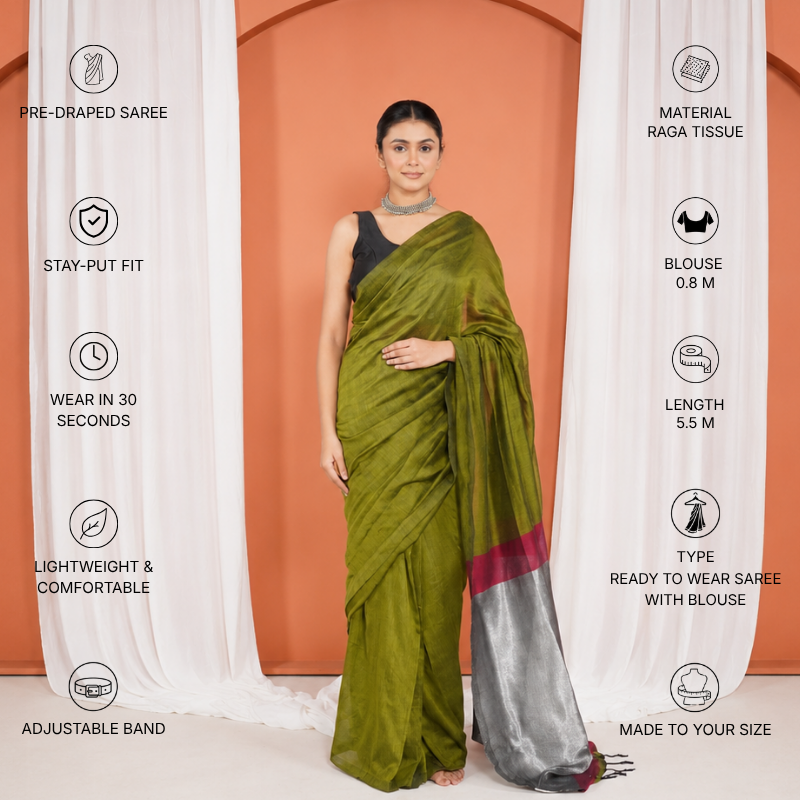 Olive Green And Maroon Mul Cotton Pre Stitched Saree For Women