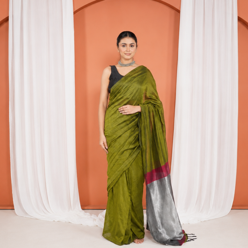 Olive Green And Maroon Mul Cotton Pre Stitched Saree For Women