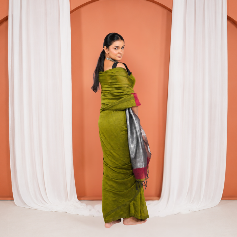Olive Green And Maroon Mul Cotton Pre Stitched Saree For Women