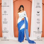 Blue And White Linen Thread Work Embroidered Pre Stitched Saree For Women