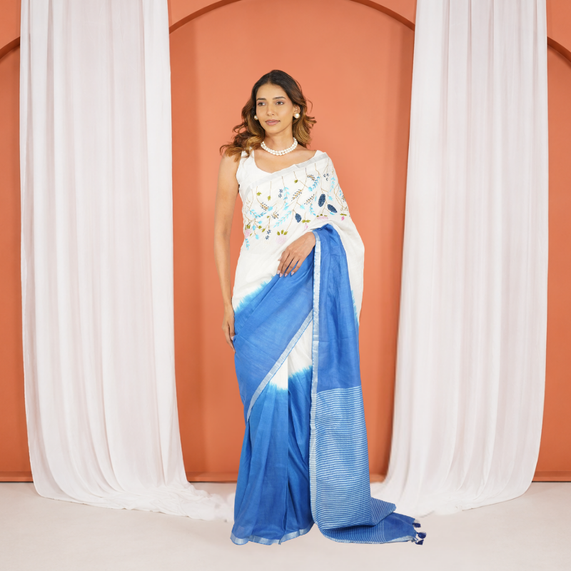 Blue And White Linen Thread Work Embroidered Pre Stitched Saree For Women