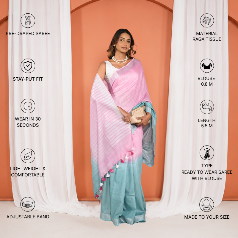 Pink And Teal Linen Cotton Pre Stitched Saree For Women