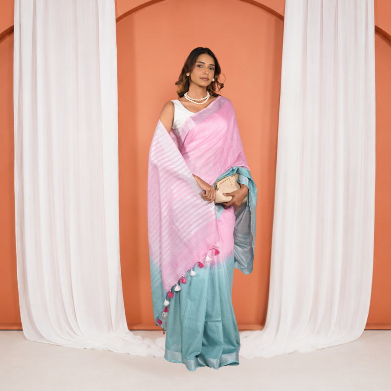 Pink And Teal Linen Cotton Pre Stitched Saree For Women