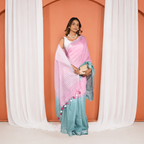 Pink And Teal Linen Cotton Pre Stitched Saree For Women