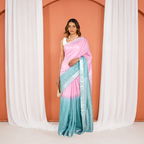 Pink And Teal Linen Cotton Pre Stitched Saree For Women
