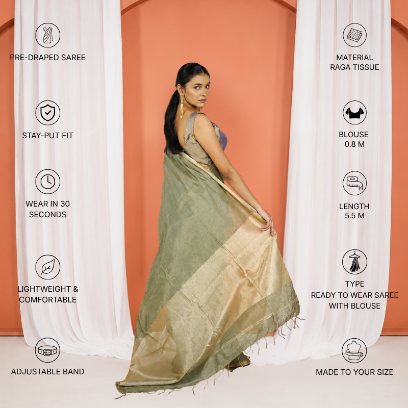 Green Kota Silk Tissue Pre Stitched Saree For Women