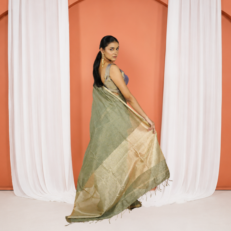 Green Kota Silk Tissue Pre Stitched Saree For Women