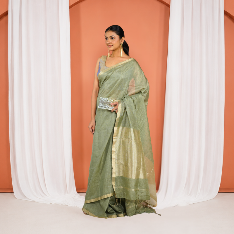 Green Kota Silk Tissue Pre Stitched Saree For Women