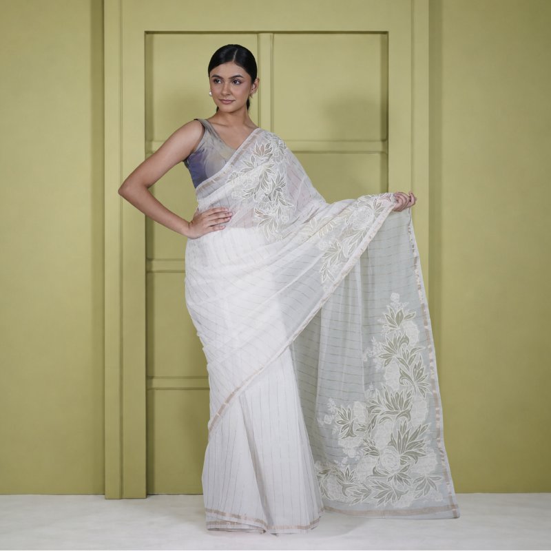 White Cotton Linen Saree with Zari Applique Work