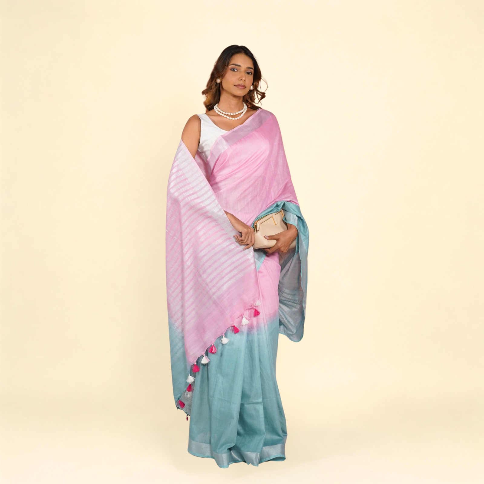 Pink And Teal Linen Cotton Pre Stitched Saree For Women