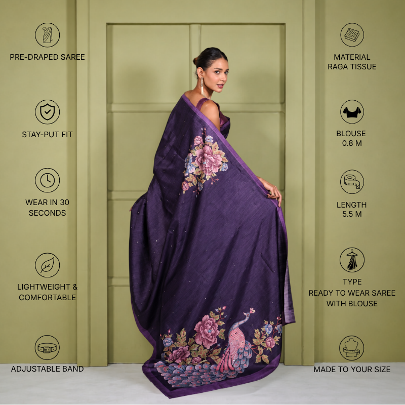 Purple Tussur Saree With Digital Print