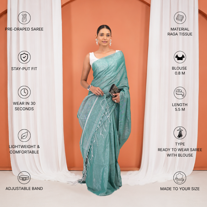 Blue Organic Tissue Woven Pre Stitched Saree For Women