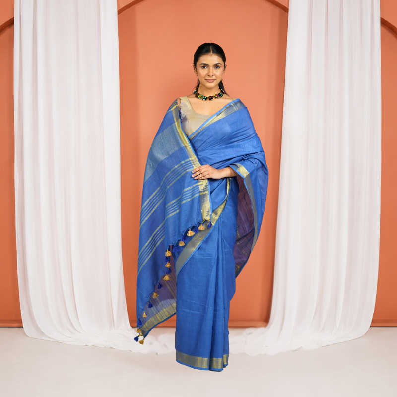 Olive And Navy Blue Mul Cotton Tissue Pre Stitched Saree For Women