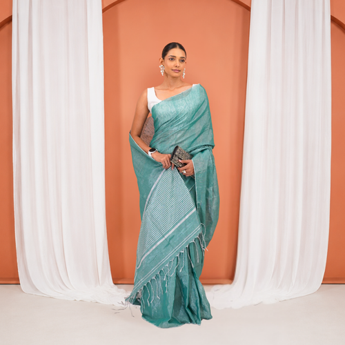 Blue Organic Tissue Woven Pre Stitched Saree For Women