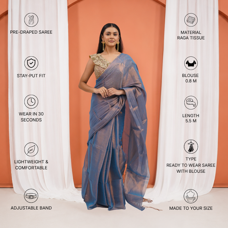 Teal Raga Tissue Pre Stitched Saree For Women