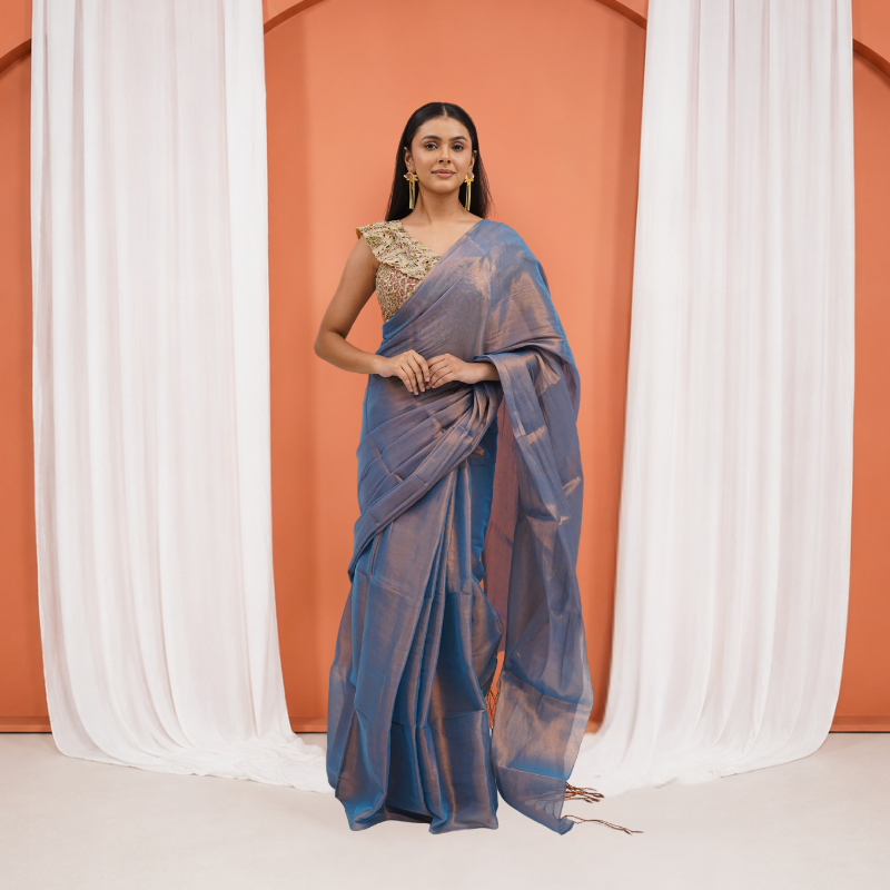 Teal Raga Tissue Pre Stitched Saree For Women