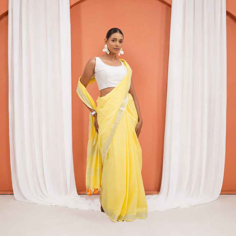 Yellow Cotton Linen Pre Stitched Saree For Women