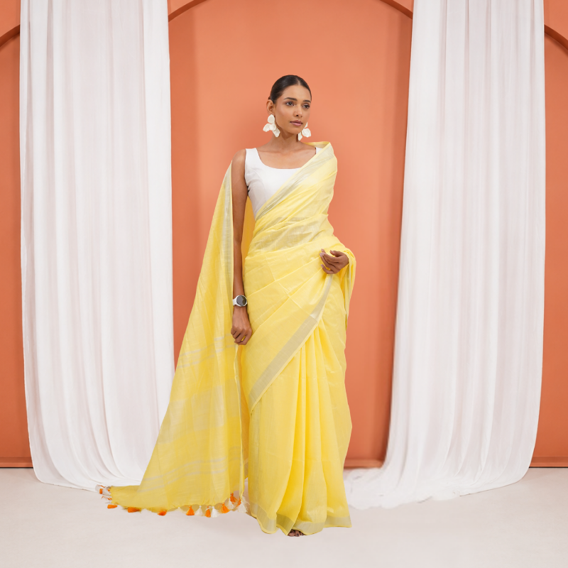 Yellow Cotton Linen Pre Stitched Saree For Women