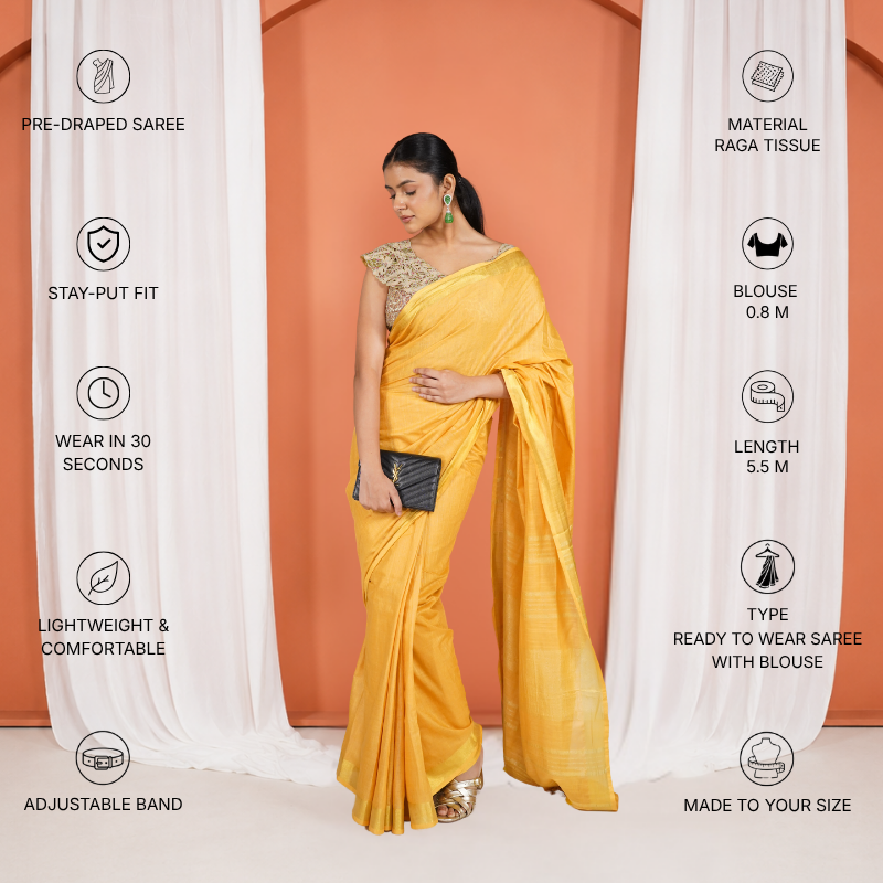 Mustard Yellow Linen Cotton Pre Stitched Saree For Women