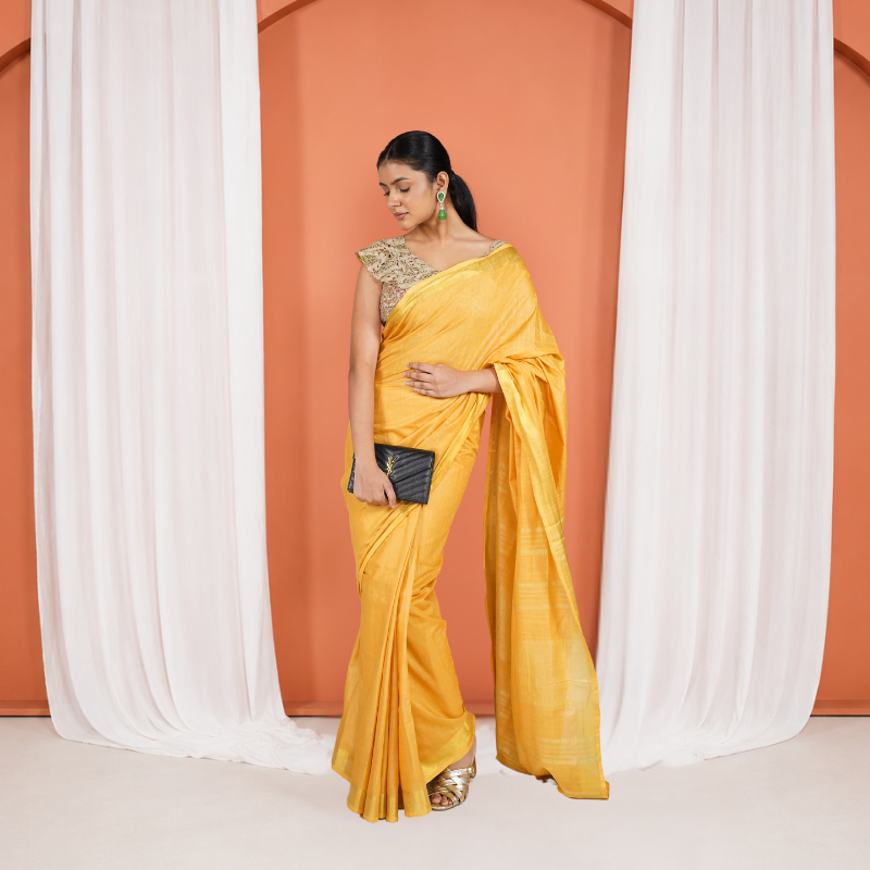 Mustard Yellow Linen Cotton Pre Stitched Saree For Women
