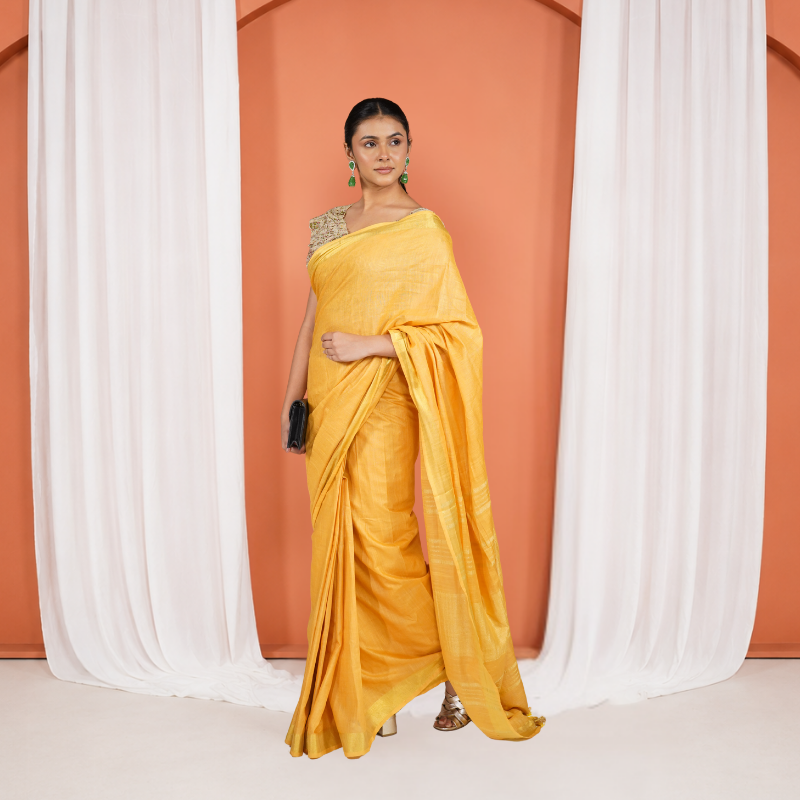Mustard Yellow Linen Cotton Pre Stitched Saree For Women