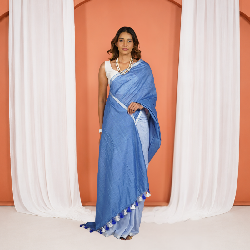 Blue Linen Cotton Pre Stitched Saree For Women