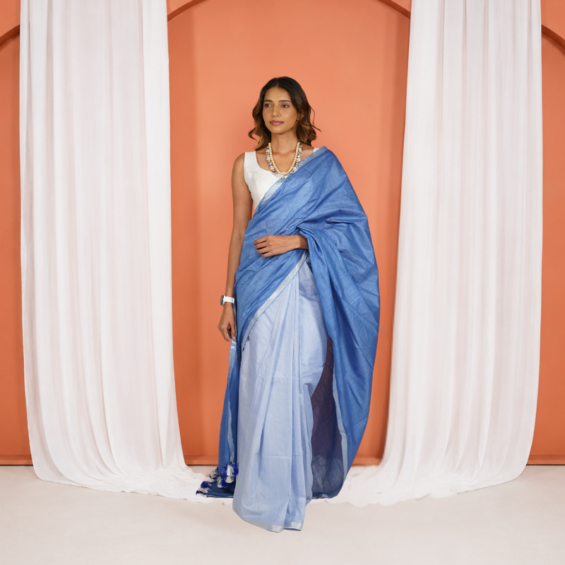 Blue Linen Cotton Pre Stitched Saree For Women
