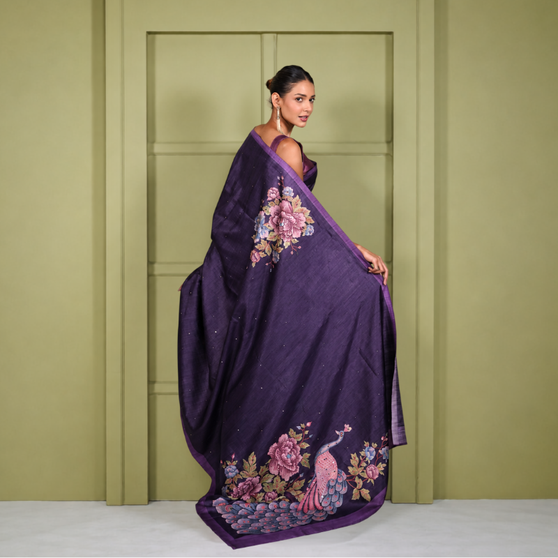Purple Tussur Saree With Digital Print