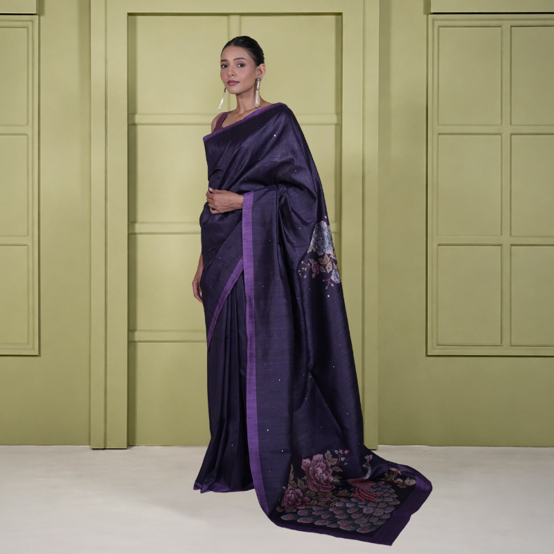 Purple Tussur Saree With Digital Print