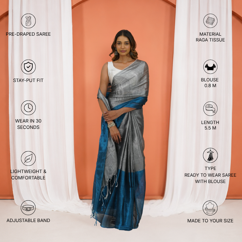 Grey And Blue Tissue Silk Pre Stitched Saree For Women