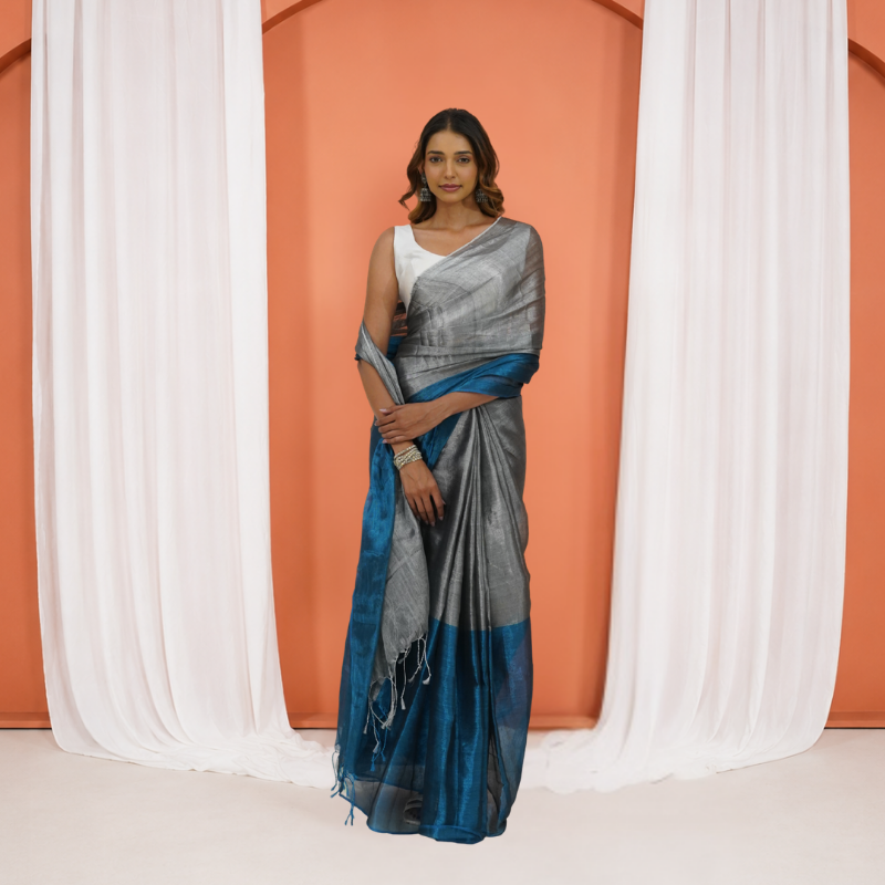 Grey And Blue Tissue Silk Pre Stitched Saree For Women