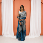 Grey And Blue Tissue Silk Pre Stitched Saree For Women