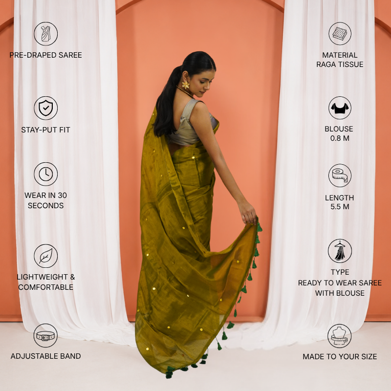 Olive Green Tissue Silk Sequin Pre Stitched Saree For Women