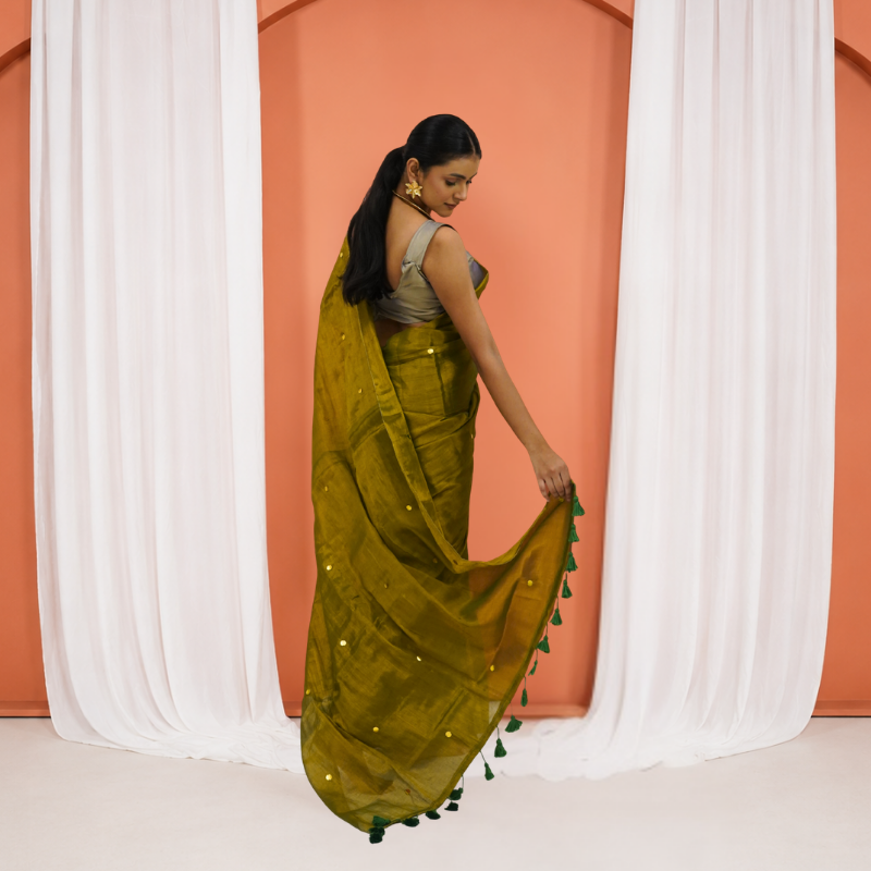 Olive Green Tissue Silk Sequin Pre Stitched Saree For Women