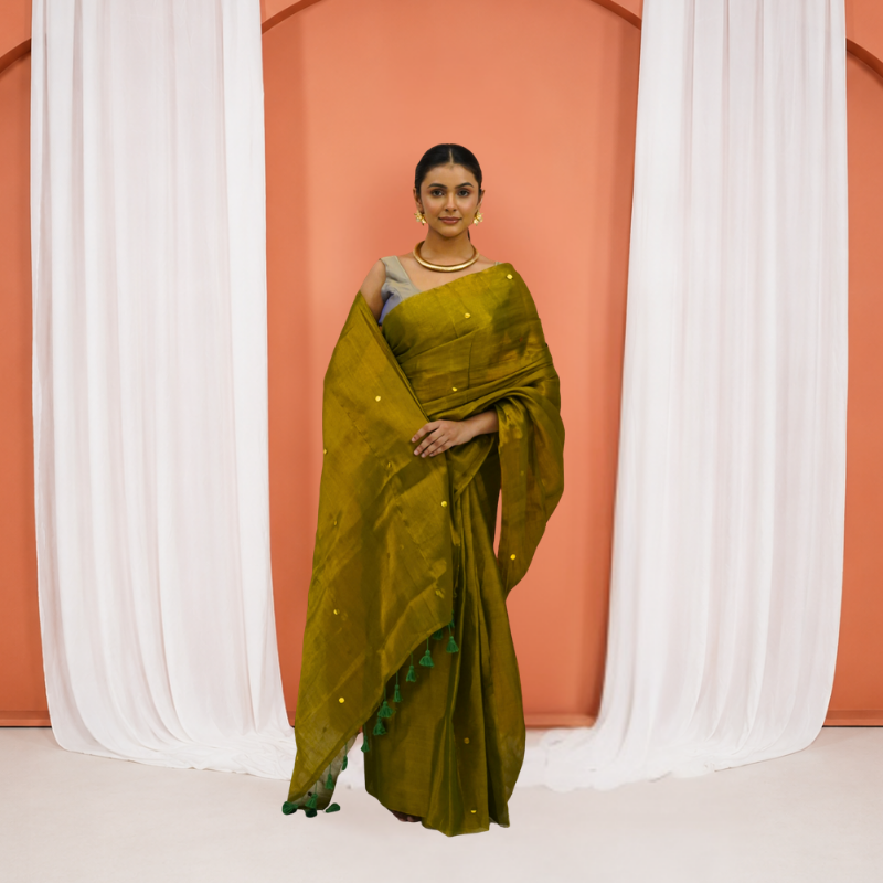 Olive Green Tissue Silk Sequin Pre Stitched Saree For Women