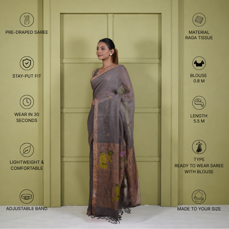Brown Silk Linen Jamdani Pre Stitched Saree For Women