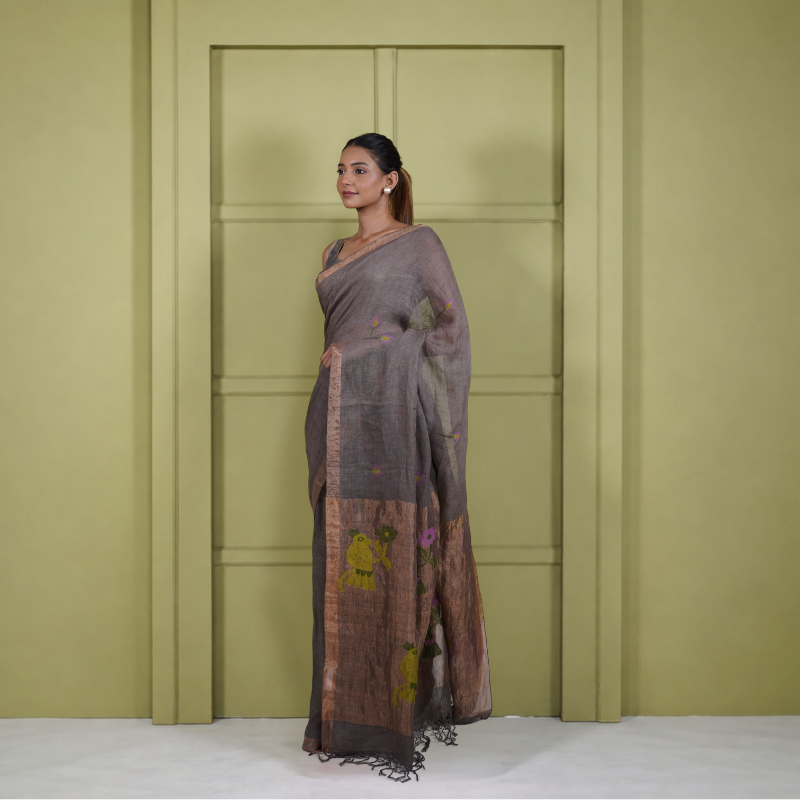 Brown Silk Linen Jamdani Pre Stitched Saree For Women