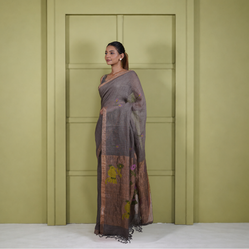 Brown Silk Linen Jamdani Pre Stitched Saree For Women