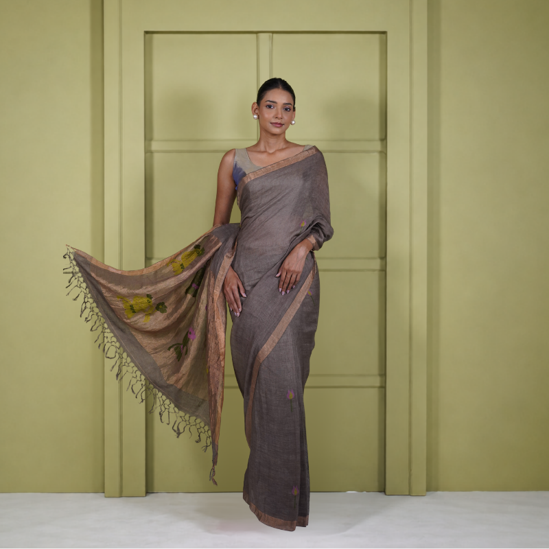 Brown Silk Linen Jamdani Pre Stitched Saree For Women