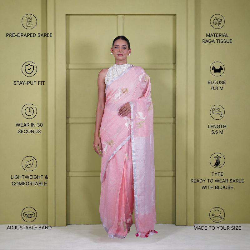 Pink Linen Cotton Pre Stitched Saree For Women