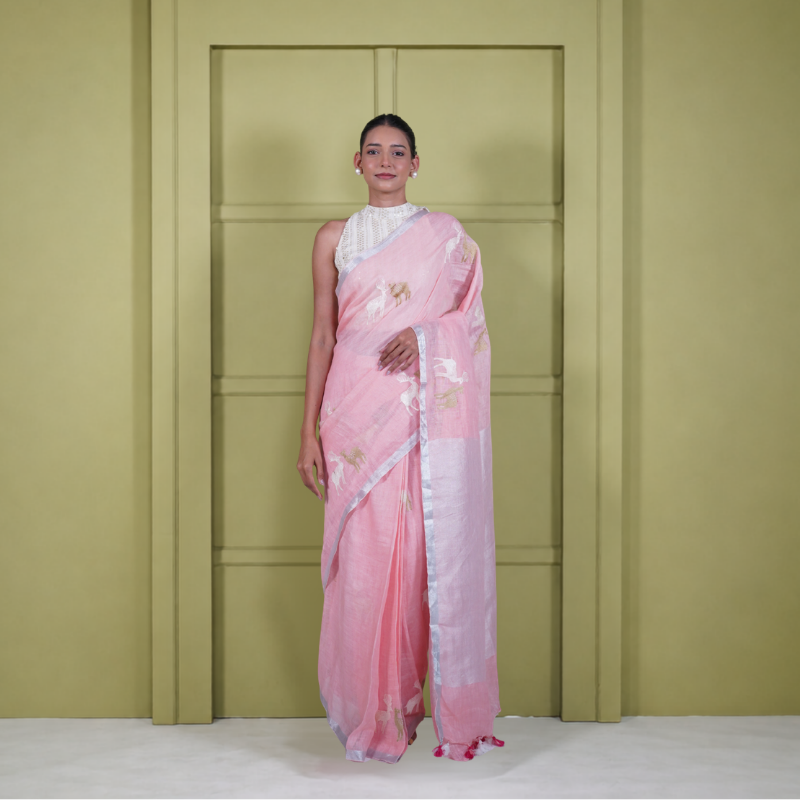 Pink Linen Cotton Pre Stitched Saree For Women